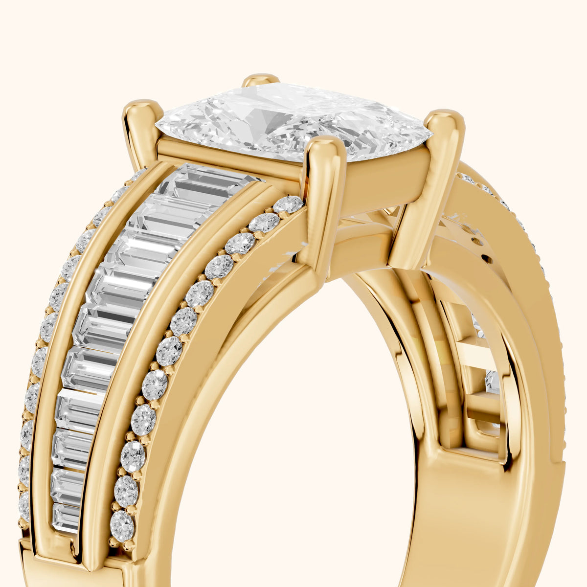 Tara Channel Set Baguette Accent Radiant Diamond Engagement Ring in Yellow Gold - slant-view.webp