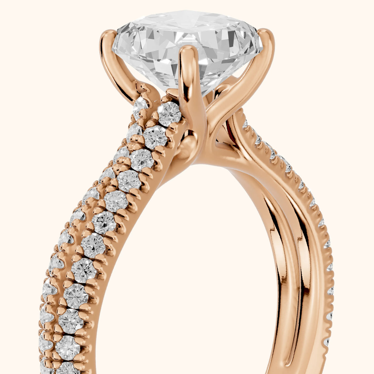 Ottilie Split Shank Pavé Cushion Diamond Engagement Ring in Rose Gold - slant-view.webp