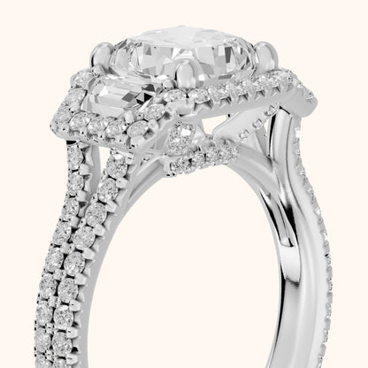Ronan Three-Stone Halo Cushion Diamond Engagement Ring in Silver - slant-view.webp