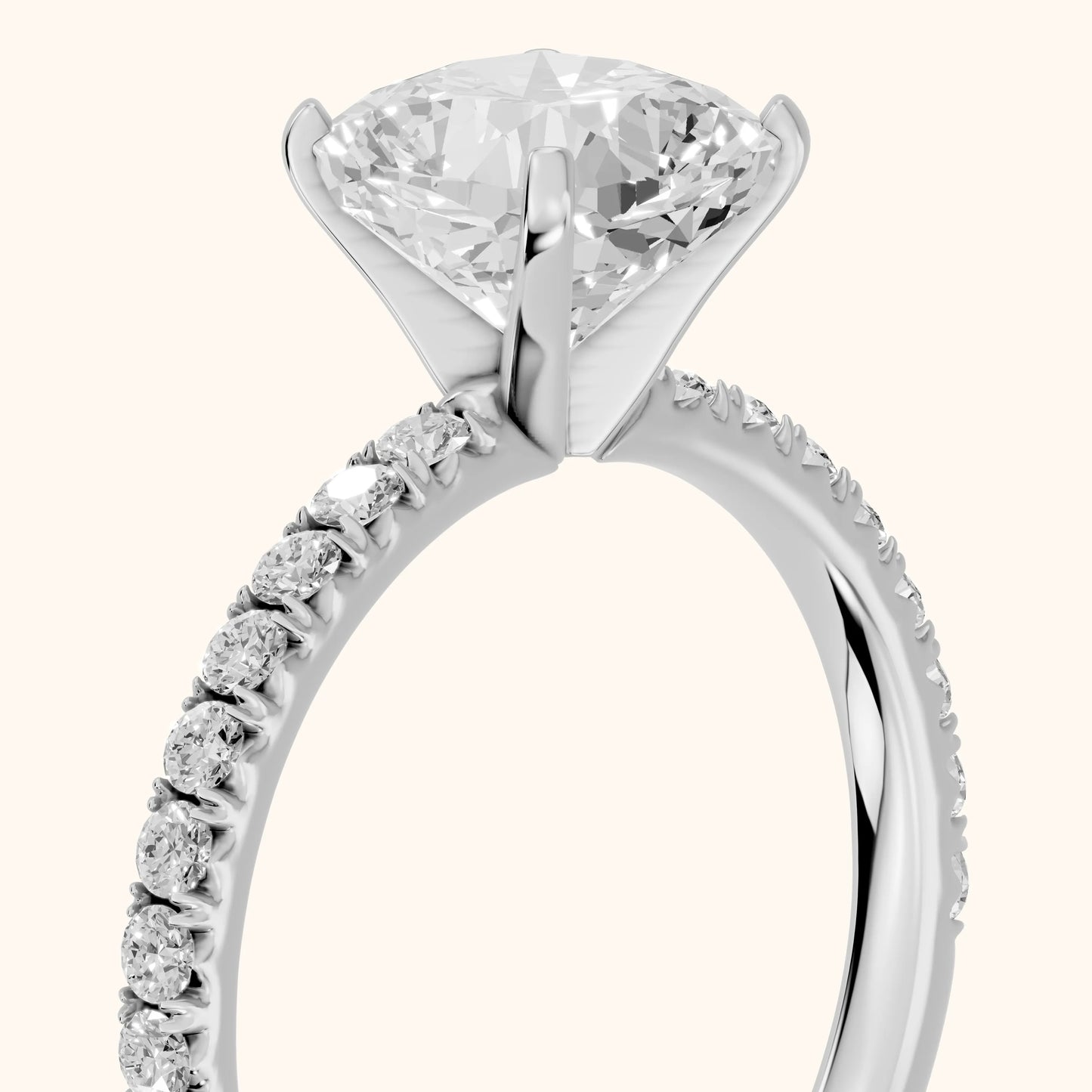 Juna French Pavé Solitaire Cushion Diamond Engagement Ring in White Gold - slant-view.webp