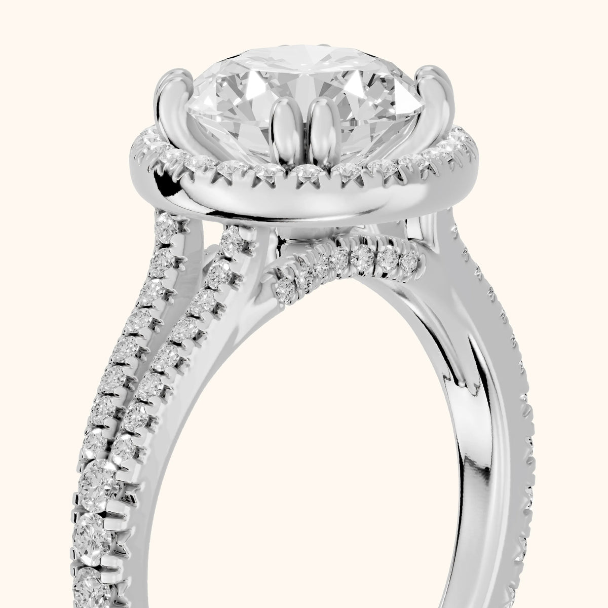 Dallas Halo Split Shank Round Diamond Engagement Ring in Silver - slant-view.webp