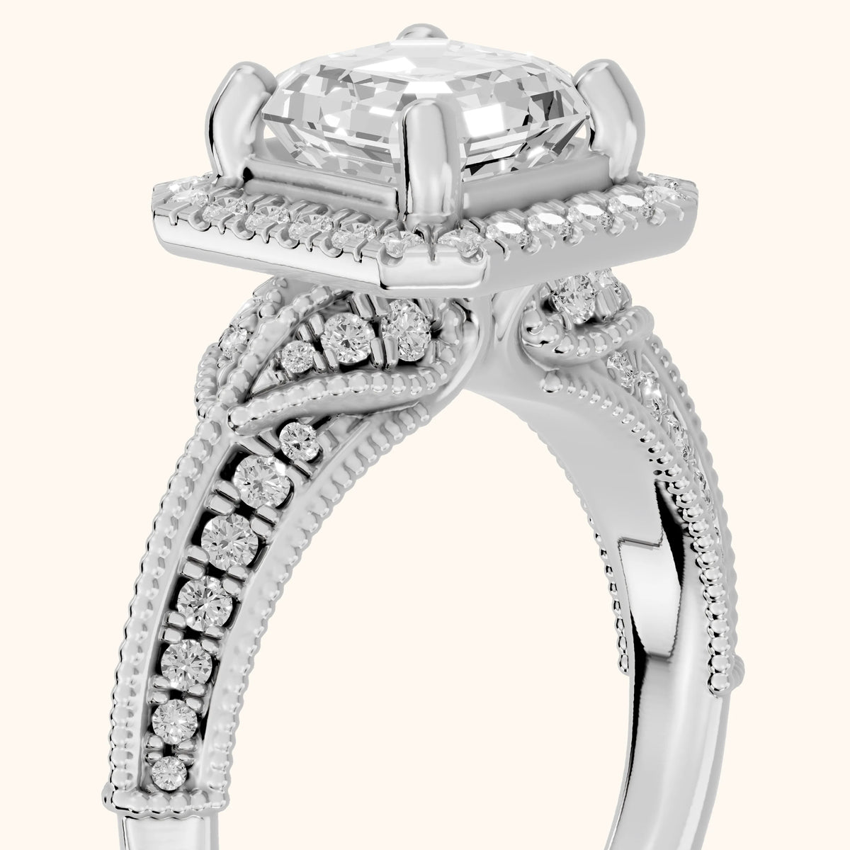 Logan Milgrain Halo Asscher Diamond Engagement Ring in Silver - slant-view.webp