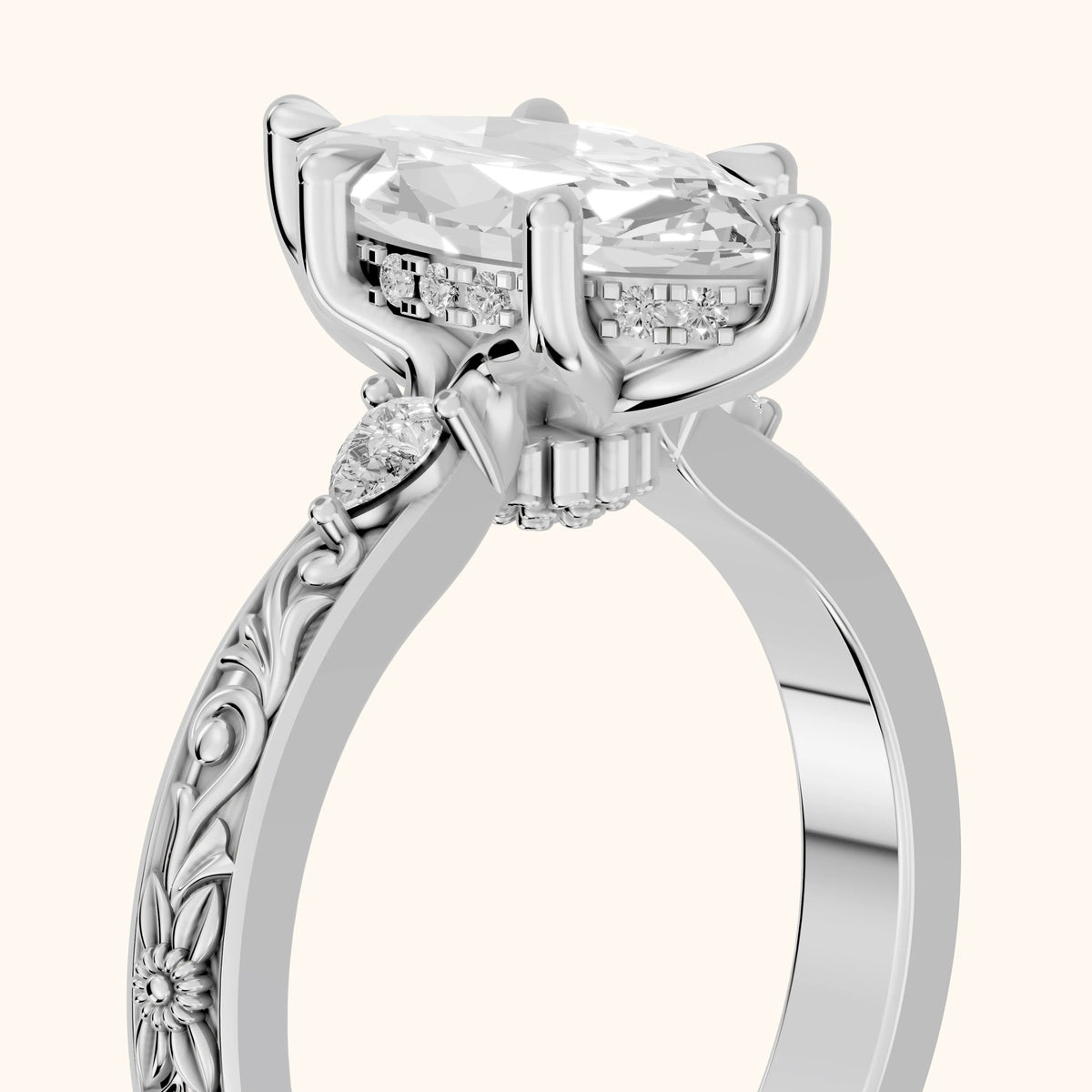 Siesta Three-Stone Engraved Marquise Diamond Engagement Ring in Silver - slant-view.webp