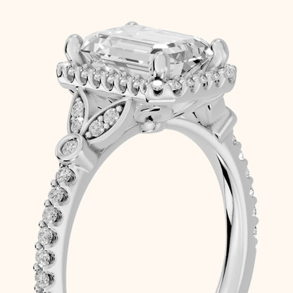 Sitka Leaf Halo Emerald Diamond Engagement Ring in Silver - slant-view.webp