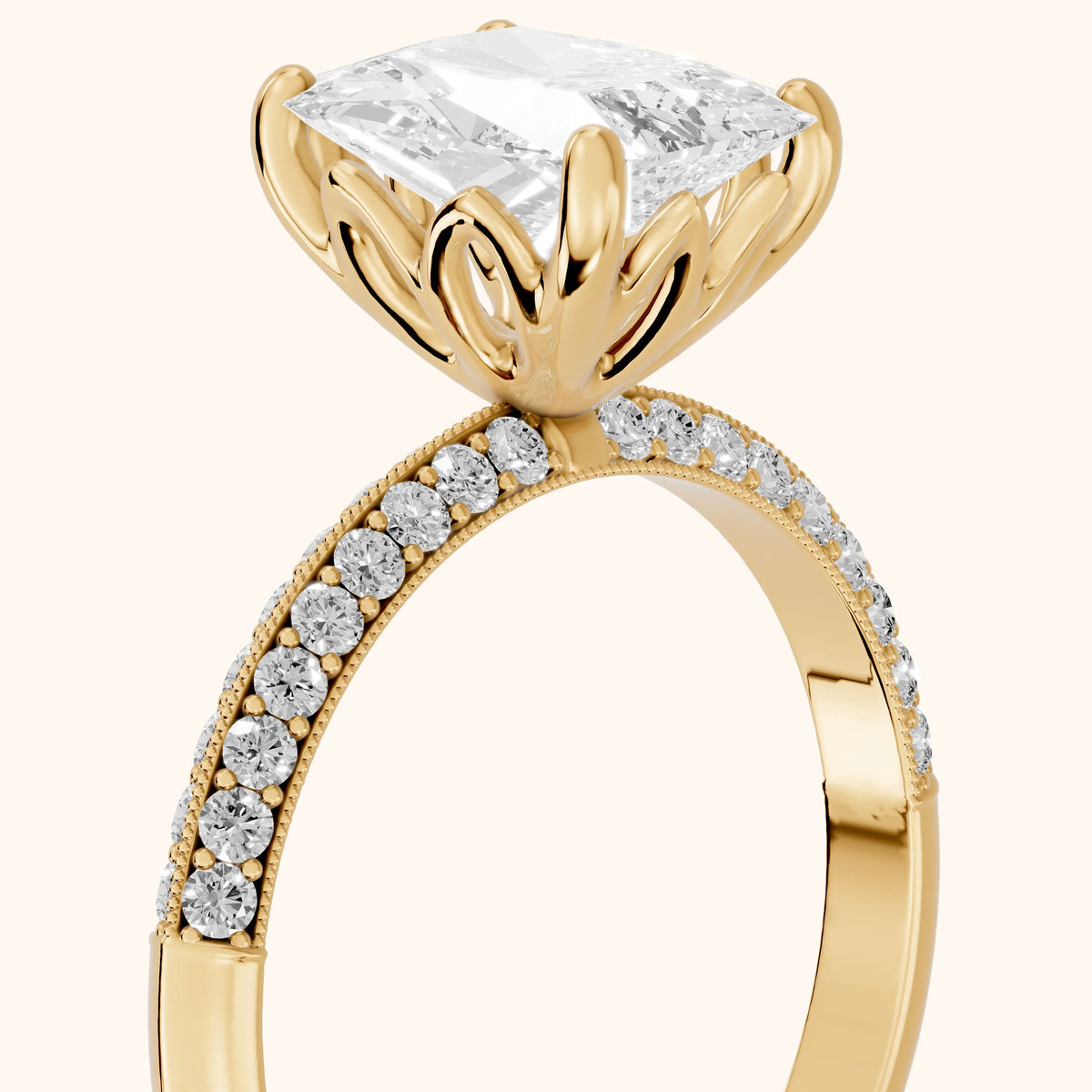 Jasmine Knife Edge Pavé Radiant Diamond Engagement Ring in Yellow Gold - slant-view.webp