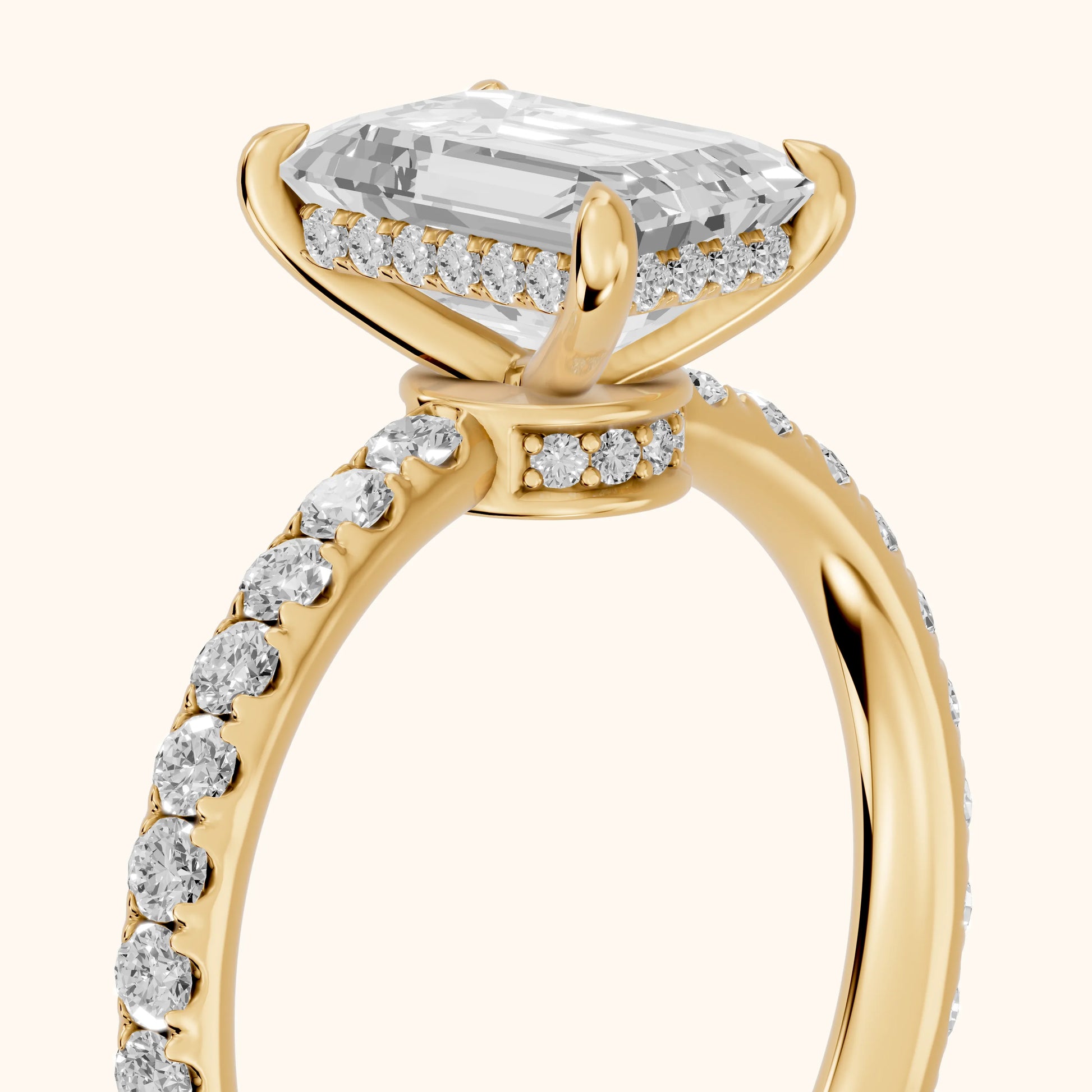Thea Hidden Halo Pavé Emerald Diamond Engagement Ring in Yellow Gold - slant-view.webp