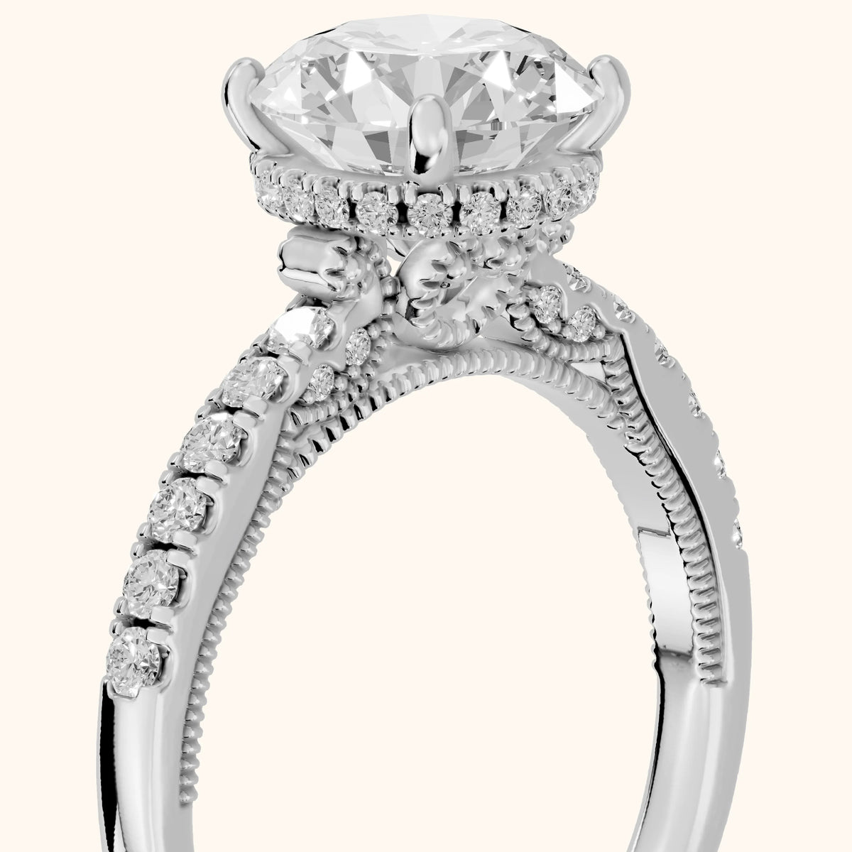 Rialto Hidden Halo Milgrain Round Diamond Engagement Ring in White Gold - slant-view.webp