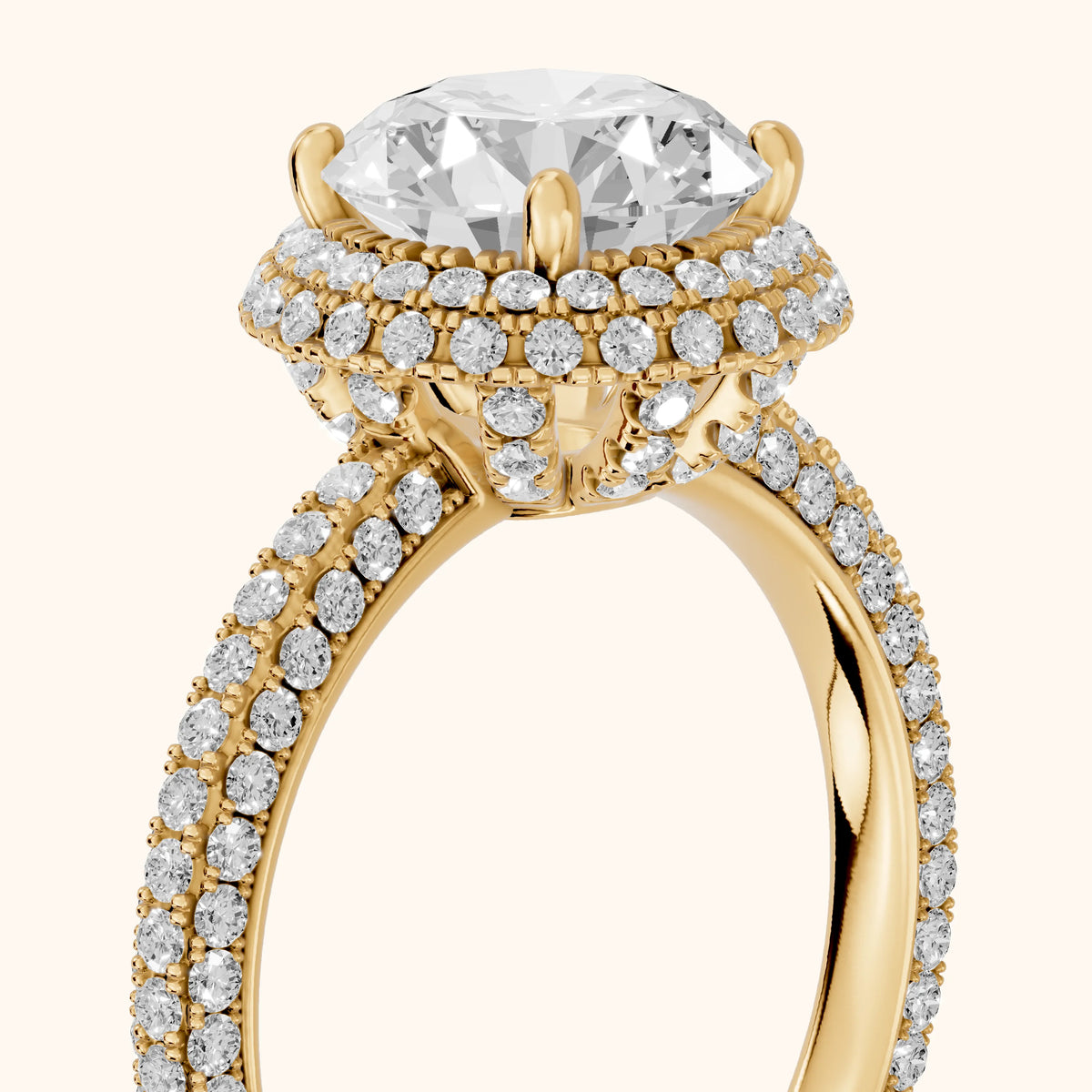 Fallon Halo Micropavé Round Diamond Engagement Ring in Yellow Gold - slant-view.webp