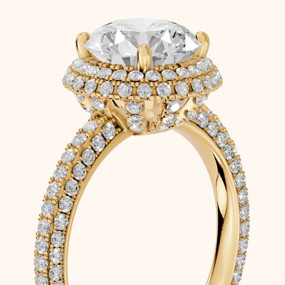 Fallon Halo Micropavé Round Diamond Engagement Ring in Yellow Gold - slant-view.webp
