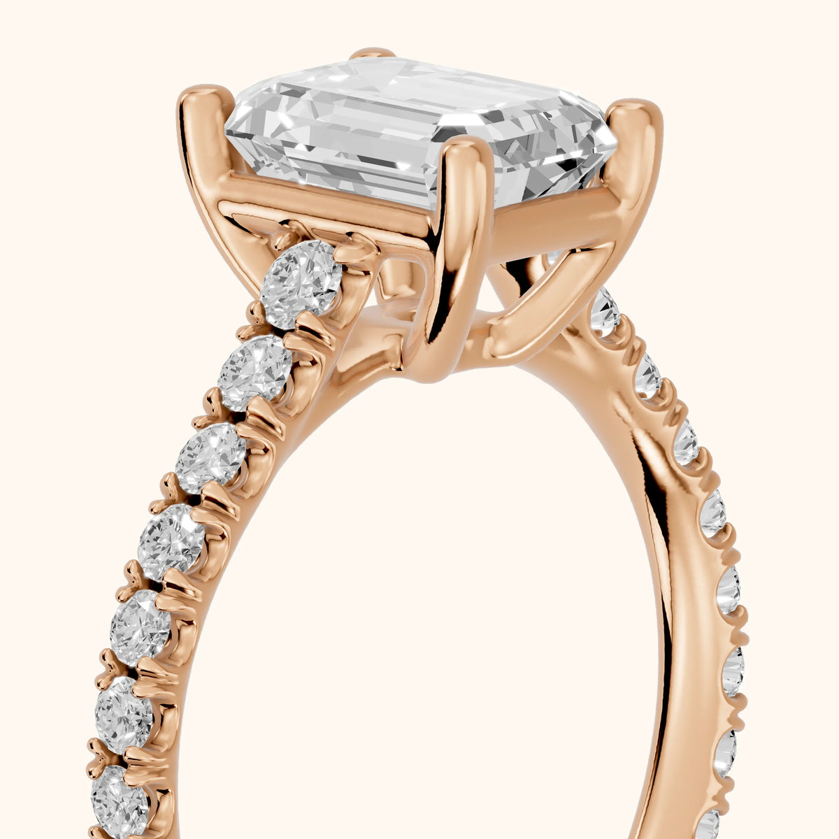 Una Cathedral Pavé Emerald Diamond Engagement Ring in Rose Gold - slant-view.webp
