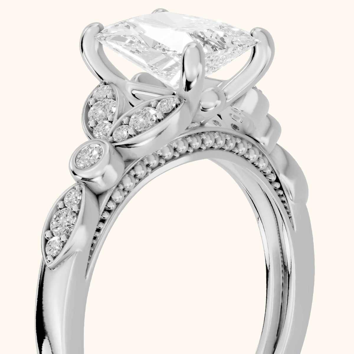 Polly Floral Cluster Radiant Diamond Engagement Ring in Silver - slant-view.webp