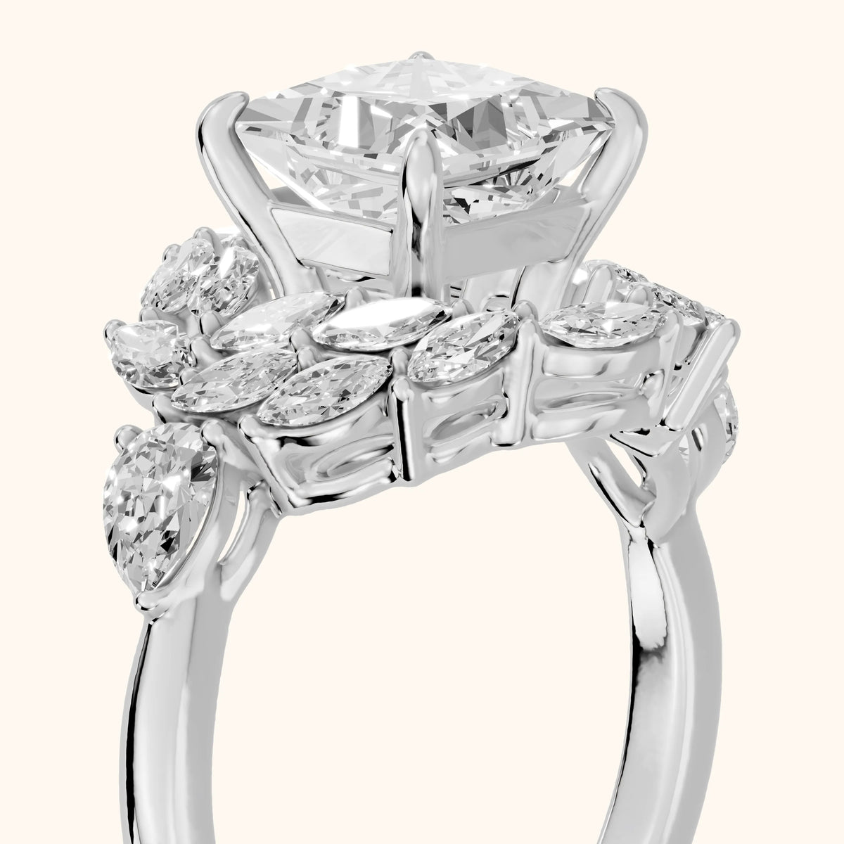 Liliana Leaf Cluster Princess Diamond Engagement Ring in Silver - slant-view.webp