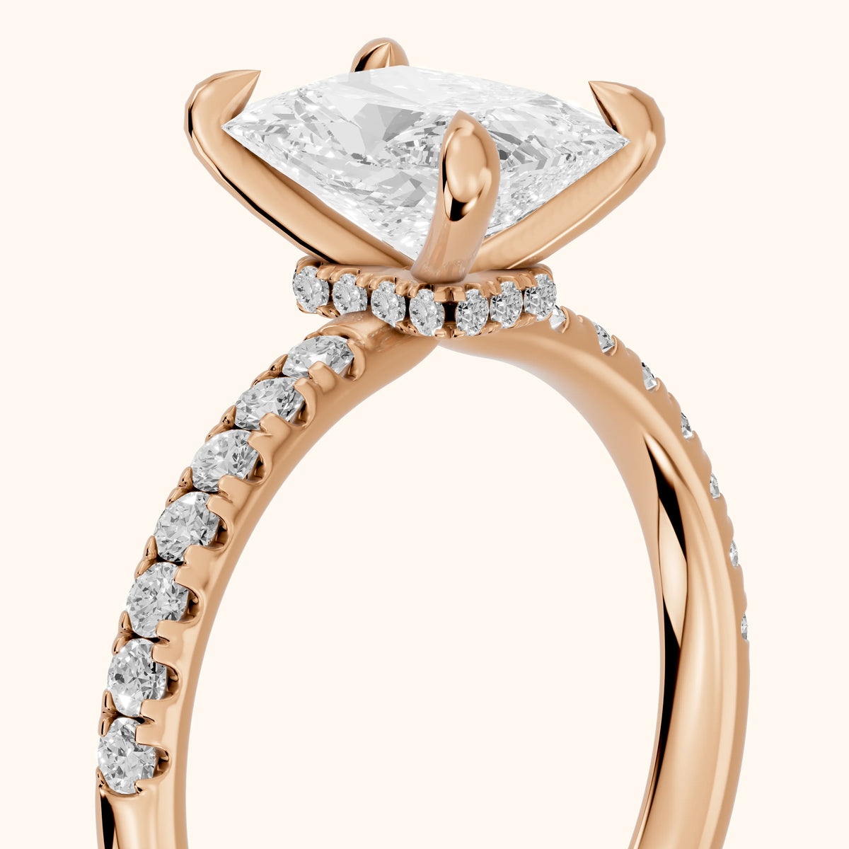 Maya Hidden Halo Pavé Radiant Diamond Engagement Ring in Rose Gold - slant-view.webp