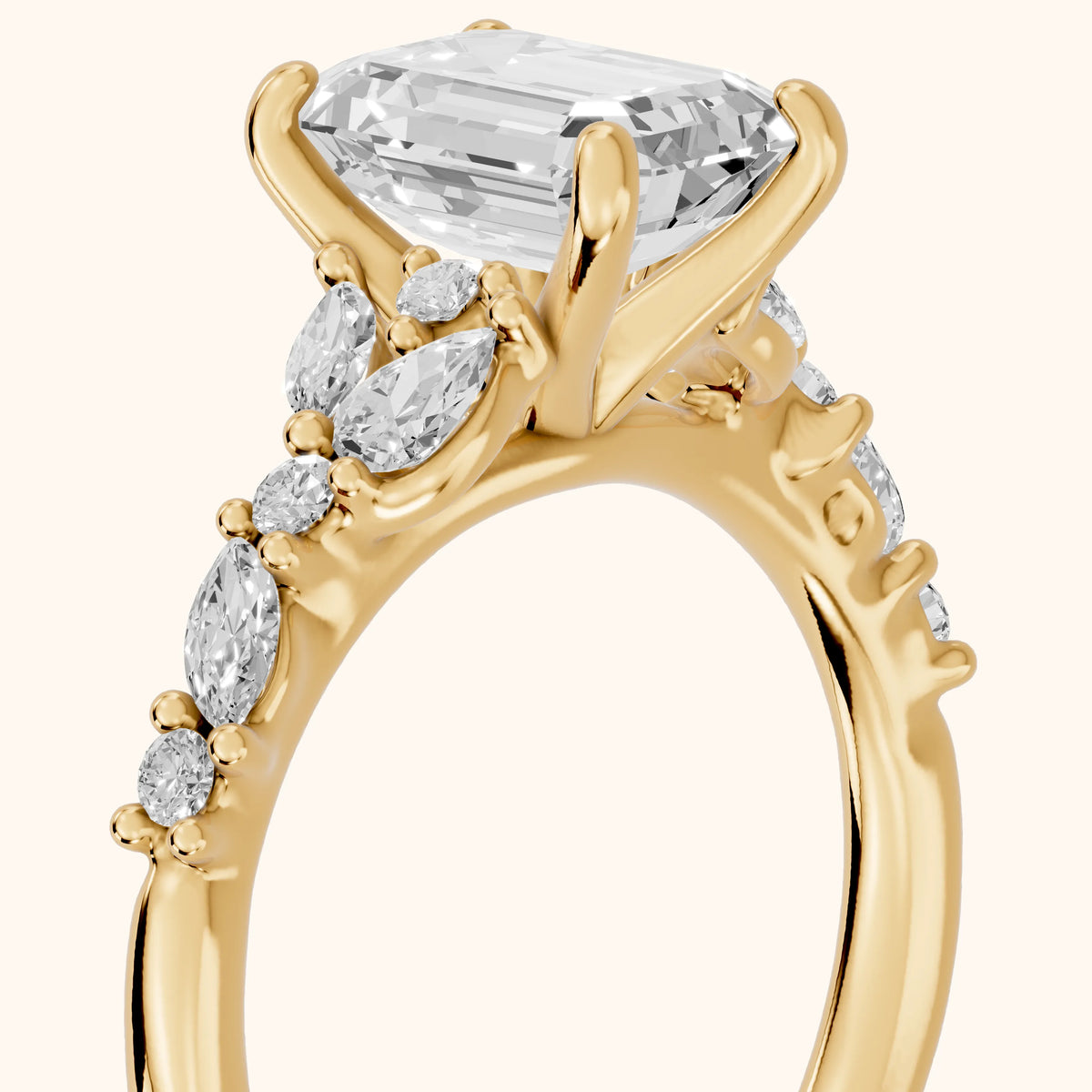 Mesa Vine Cluster Emerald Diamond Engagement Ring in Yellow Gold - slant-view.webp