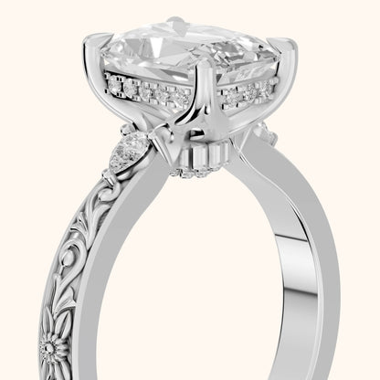 Siesta Three-Stone Engraved Old Mine Cushion Diamond Engagement Ring in Silver - slant-view.webp