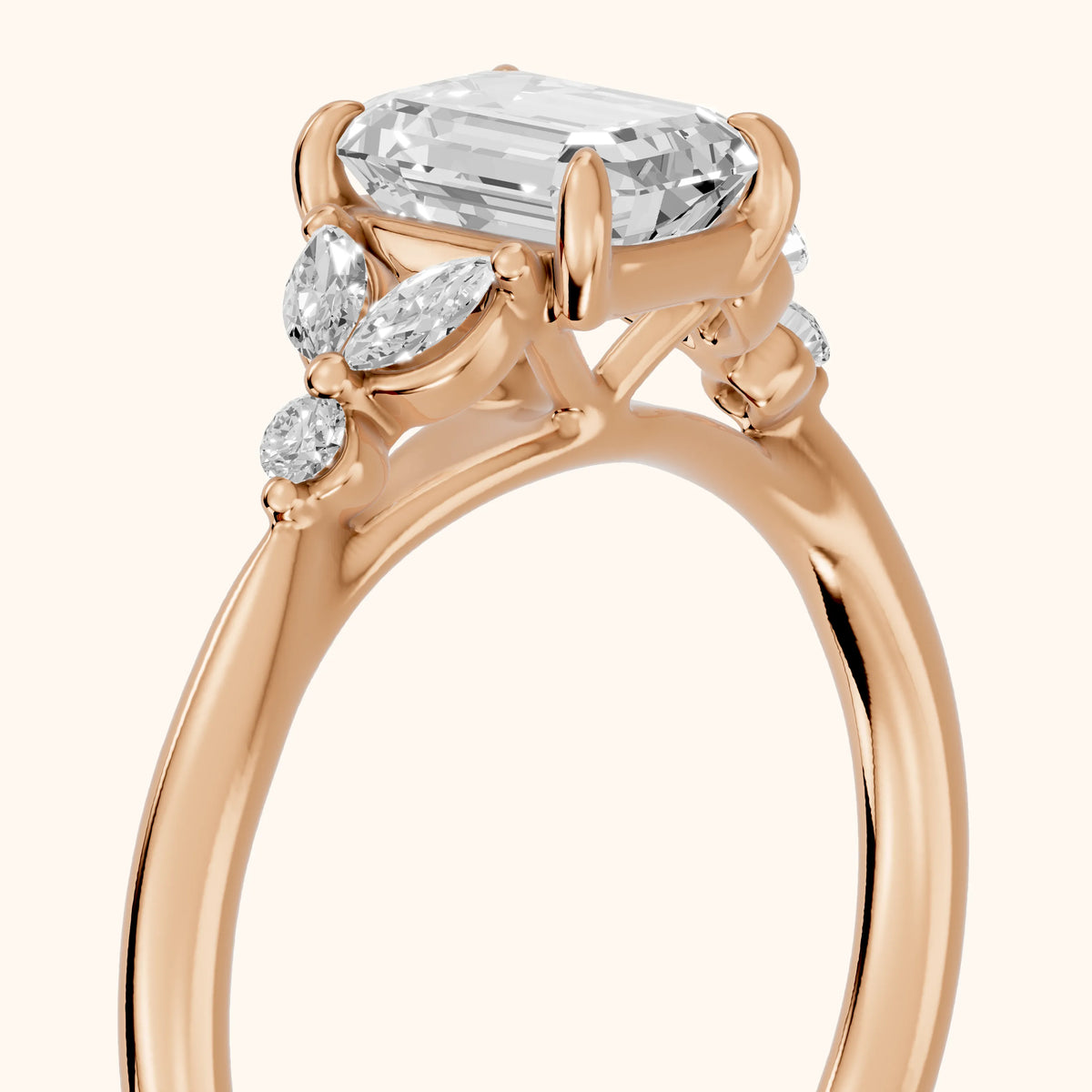 Rilla Floral Cluster Emerald Diamond Engagement Ring in Rose Gold - slant-view.webp