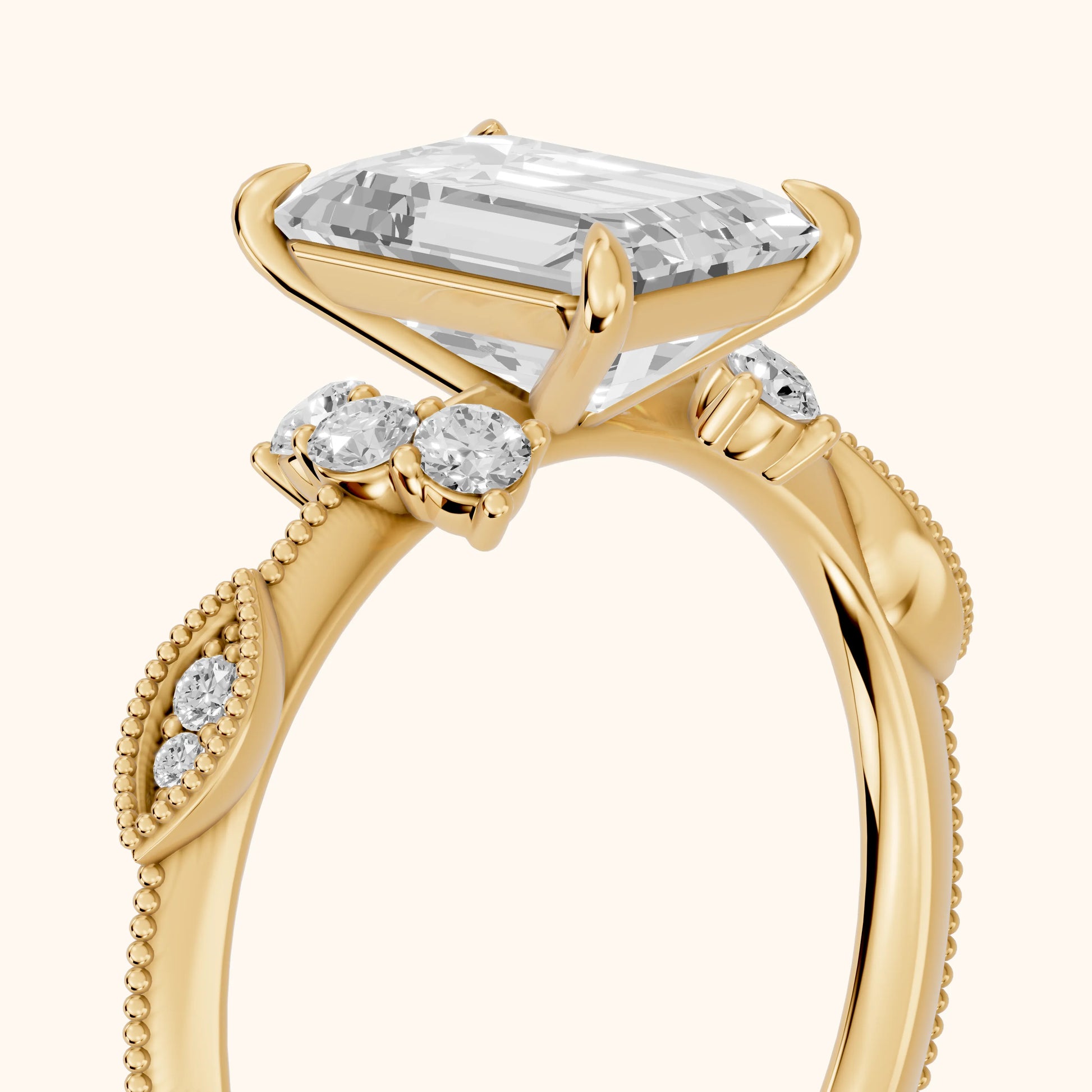 Naomi Vintage Milgrain Emerald Diamond Engagement Ring in Yellow Gold - slant-view.webp