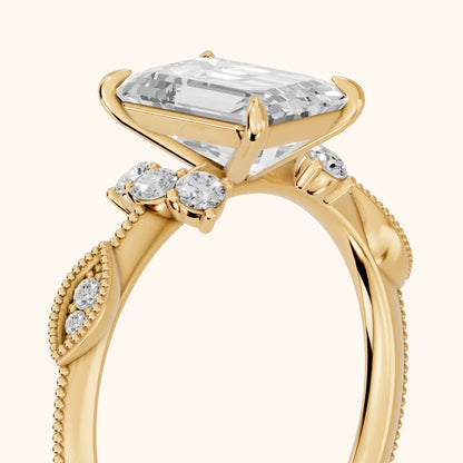 Naomi Vintage Milgrain Emerald Diamond Engagement Ring in Yellow Gold - slant-view.webp