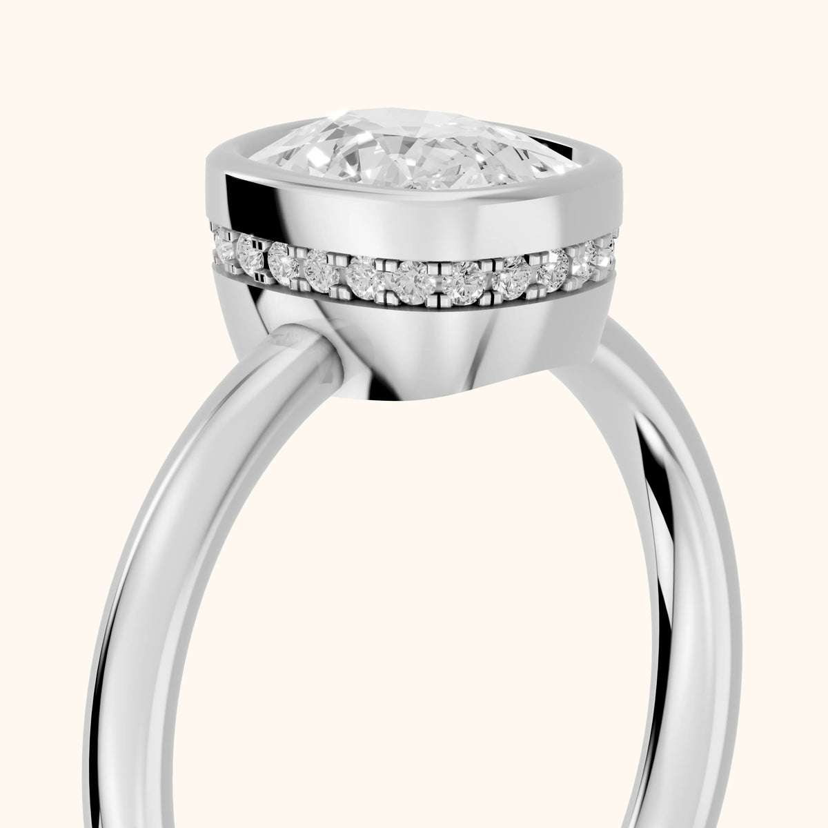 Carina Bezel Hidden Halo Cushion Diamond Engagement Ring in Platinum - slant-view.webp