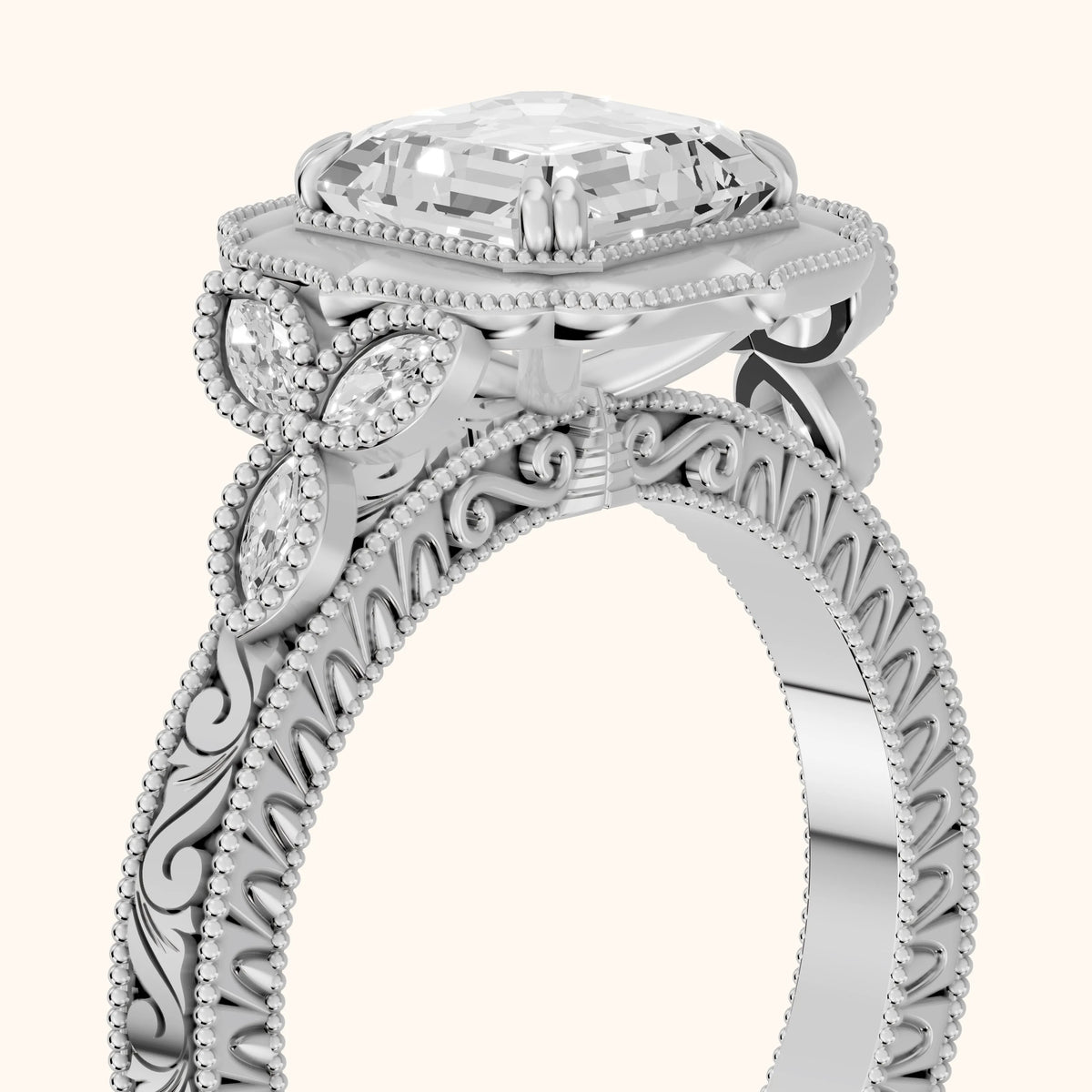 Shasta Vintage Scalloped Asscher Diamond Engagement Ring in White Gold - slant-view.webp