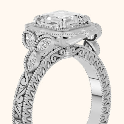 Shasta Vintage Scalloped Asscher Diamond Engagement Ring in White Gold - slant-view.webp