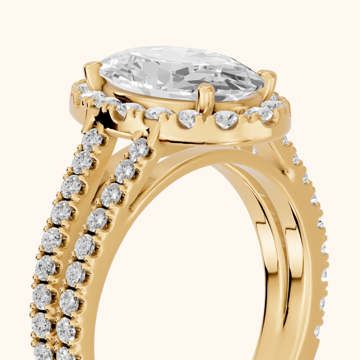 Kira Halo Split Shank Oval Diamond Engagement Ring in Yellow Gold - slant-view.webp