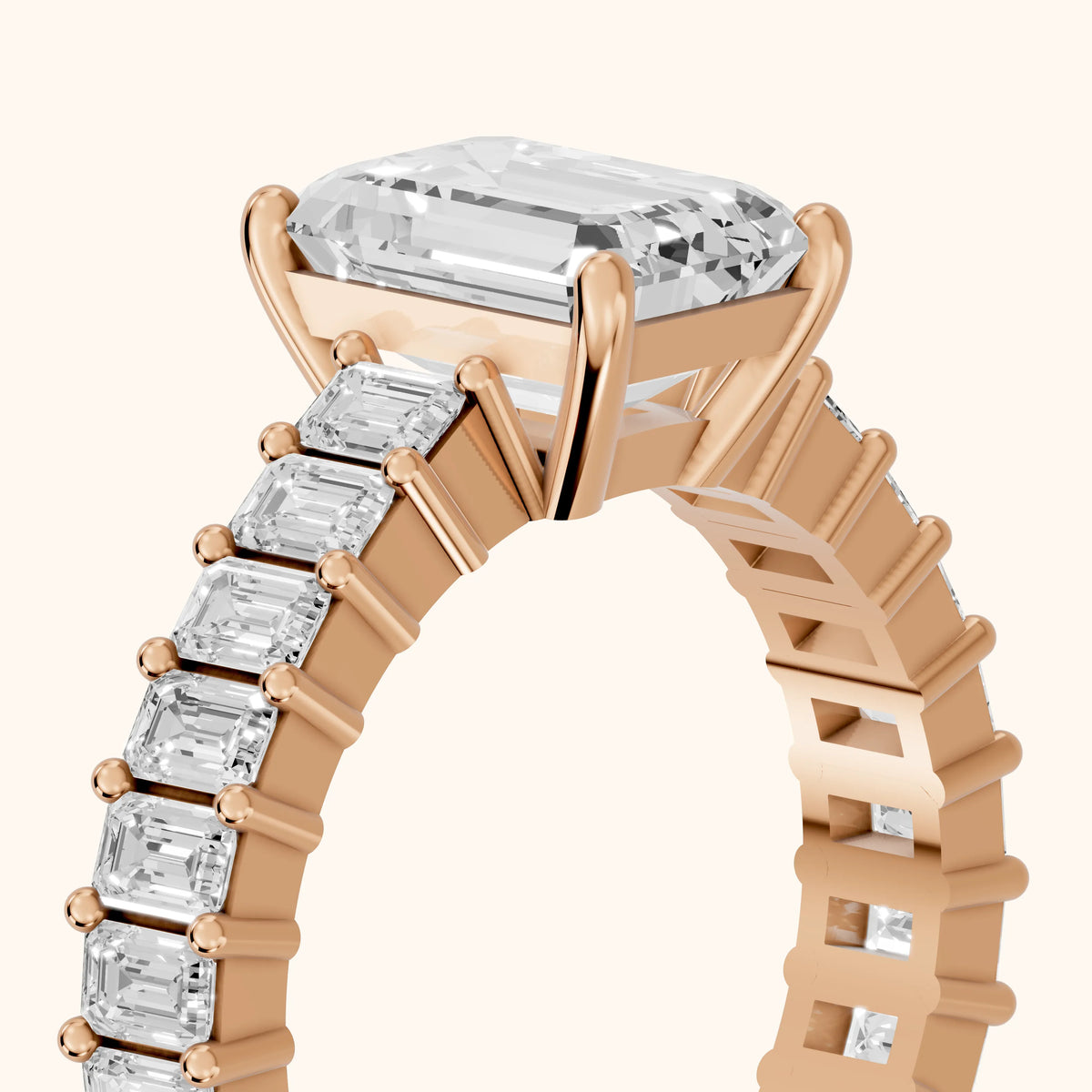 Mallory Shared Prong Emerald Diamond Engagement Ring in Rose Gold - slant-view.webp