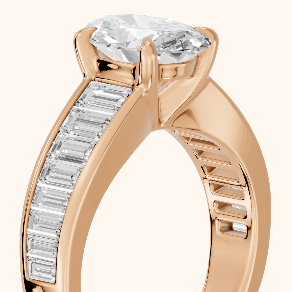 Hilo Baguette Channel Set Oval Diamond Engagement Ring in Rose Gold - slant-view.webp