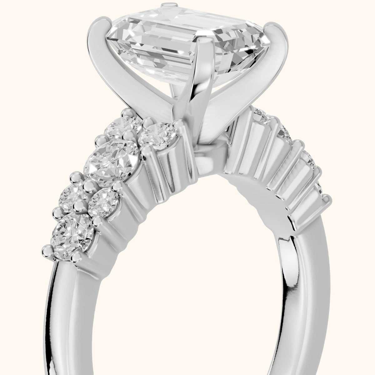 Roxana Graduated Cluster Emerald Diamond Engagement Ring in White Gold - slant-view.webp