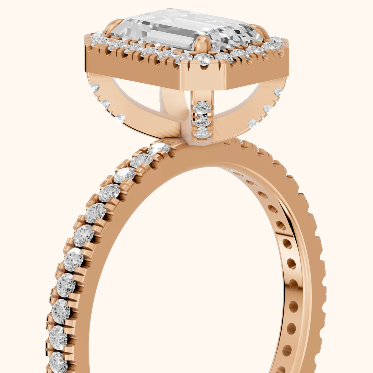 Rosemary Halo Pavé Emerald Diamond Engagement Ring in Rose Gold - slant-view.webp