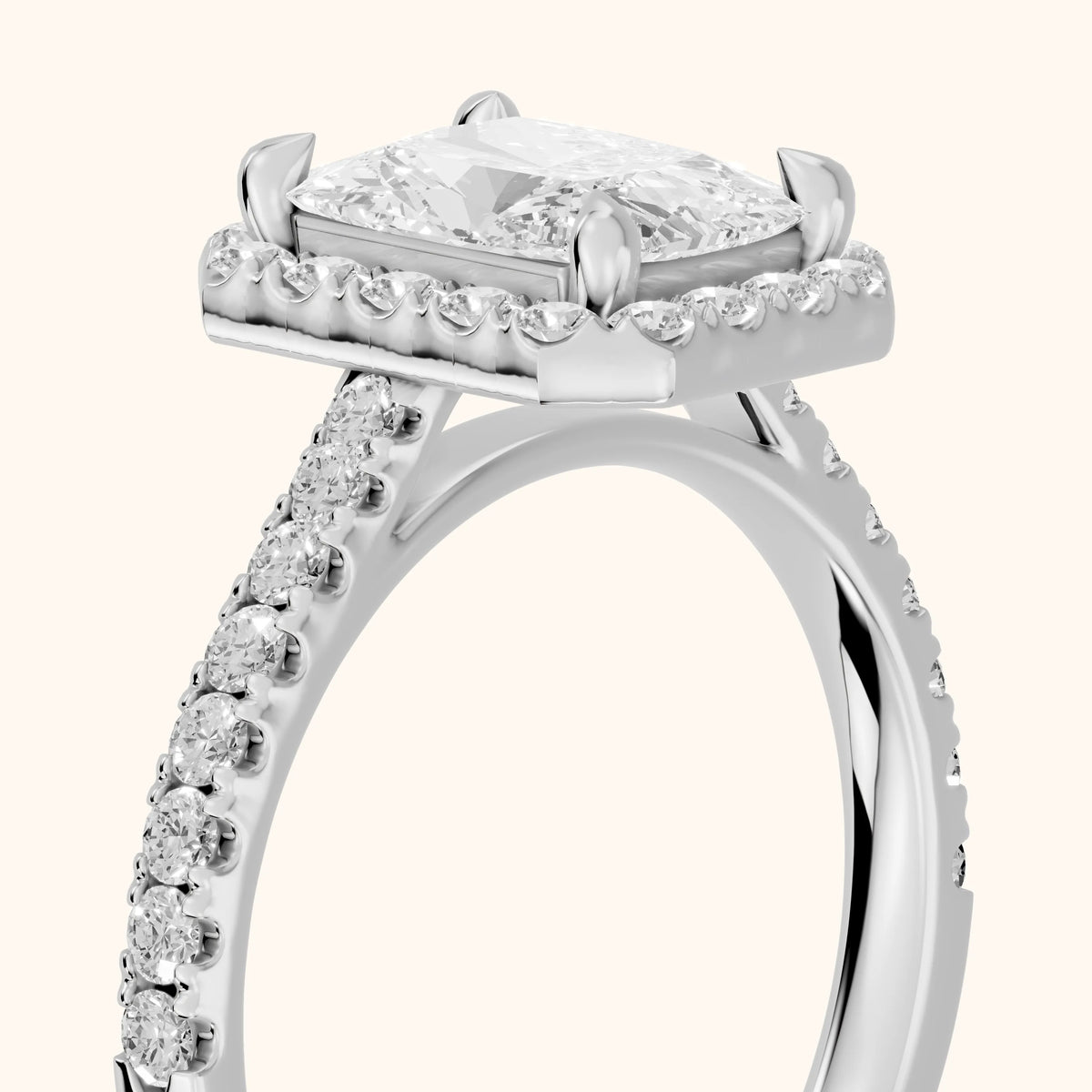 Amara Halo Claw Prong Radiant Diamond Engagement Ring in Silver - slant-view.webp