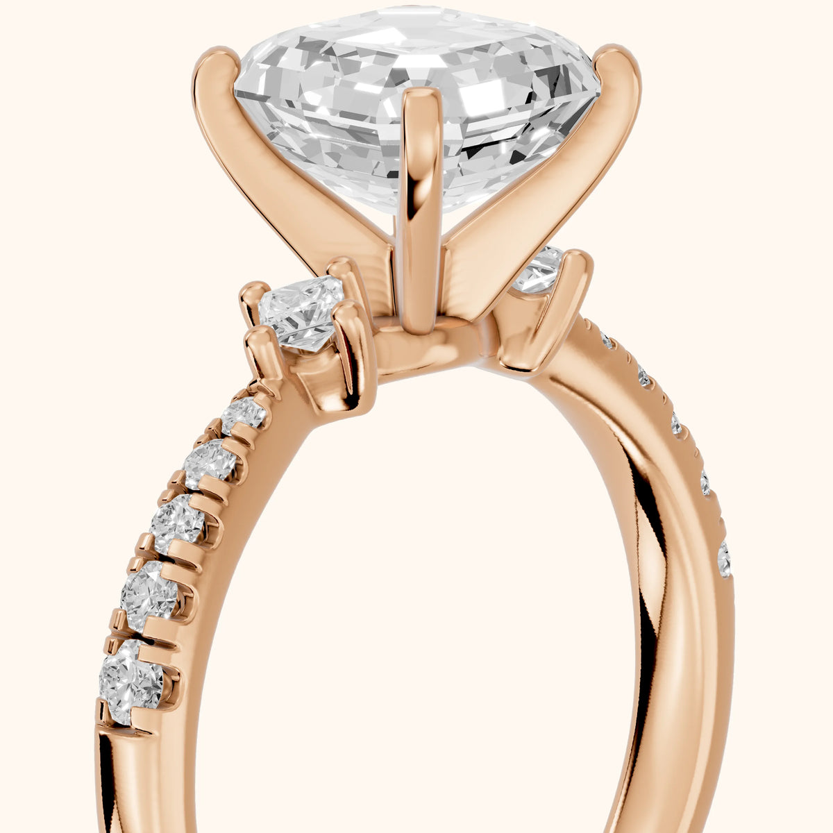Alethea Three-Stone Pavé Asscher Diamond Engagement Ring in Rose Gold - slant-view.webp