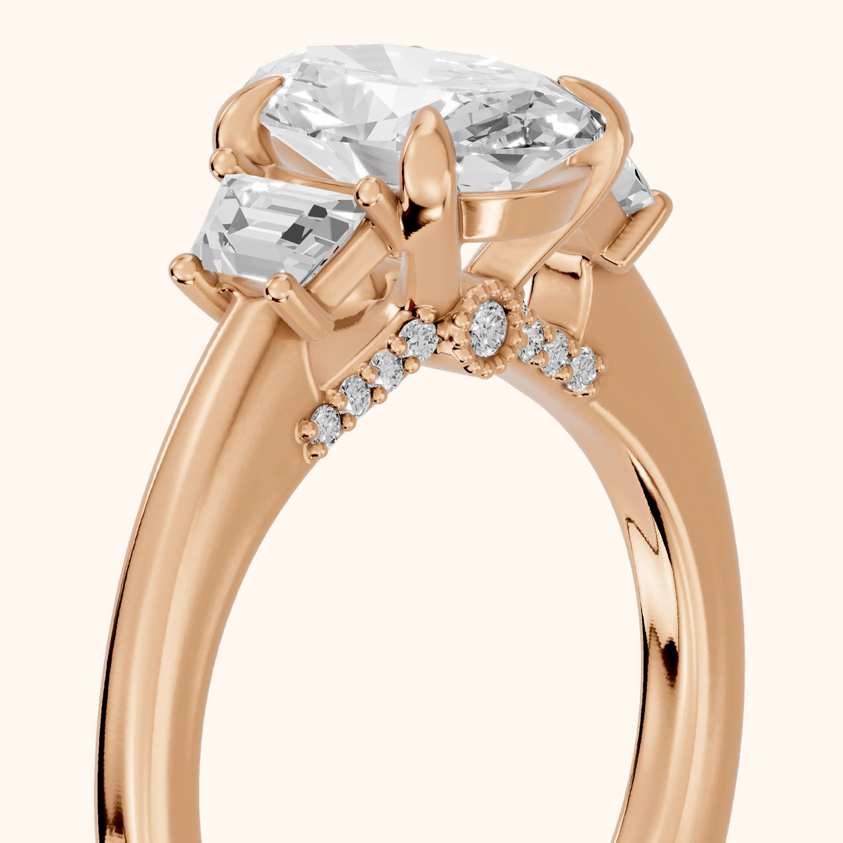 Eureka Trapezoid Three-Stone Oval Diamond Engagement Ring in Rose Gold - slant-view.webp