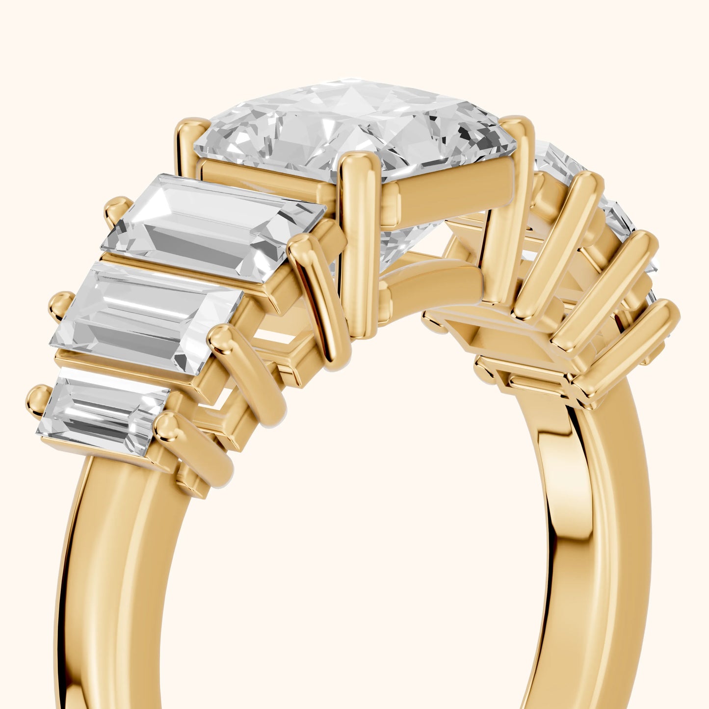 Mara Sidestone Baguette Accent Radiant Diamond Engagement Ring in Yellow Gold - slant-view.webp