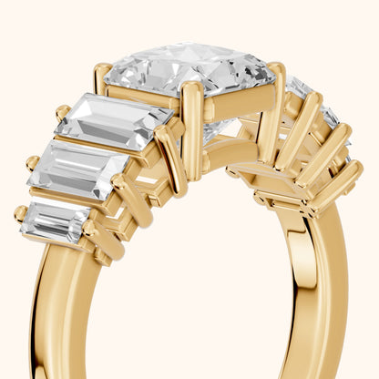 Mara Sidestone Baguette Accent Radiant Diamond Engagement Ring in Yellow Gold - slant-view.webp