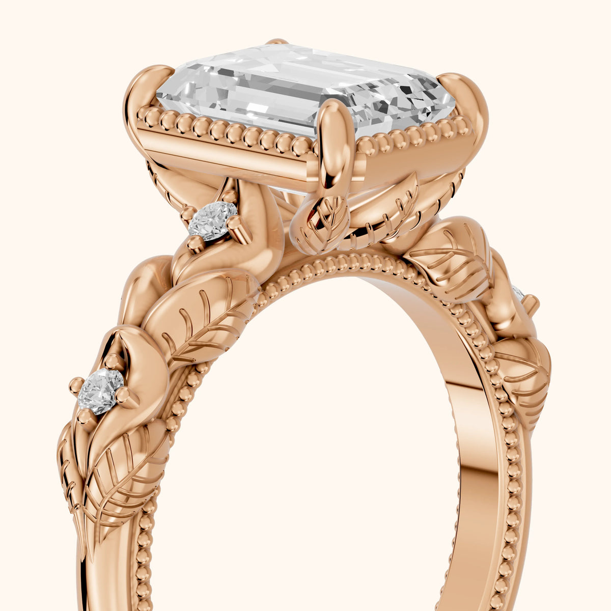 Pelham Vintage Leaf Emerald Diamond Engagement Ring in Rose Gold - slant-view.webp