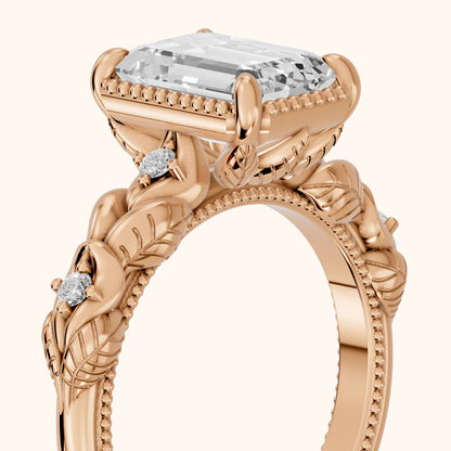 Pelham Vintage Leaf Emerald Diamond Engagement Ring in Rose Gold - slant-view.webp