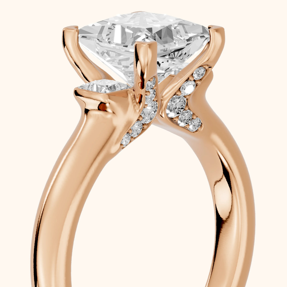 Penny Crossover Three-Stone Princess Diamond Engagement Ring in Rose Gold - slant-view.webp