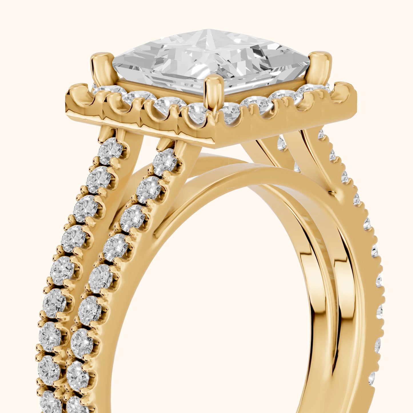 Kira Halo Split Shank Princess Diamond Engagement Ring in Yellow Gold - slant-view.webp