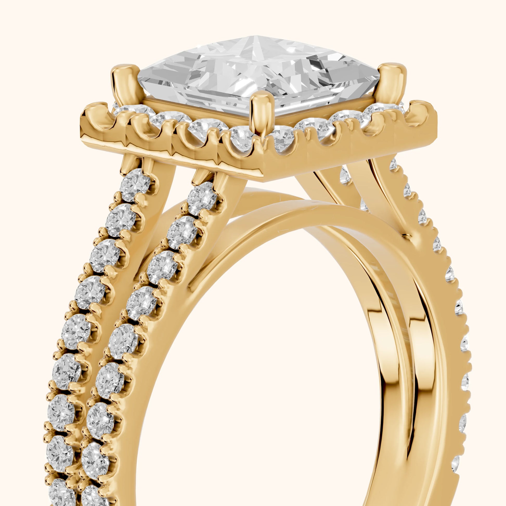 Kira Halo Split Shank Princess Diamond Engagement Ring in Yellow Gold - slant-view.webp