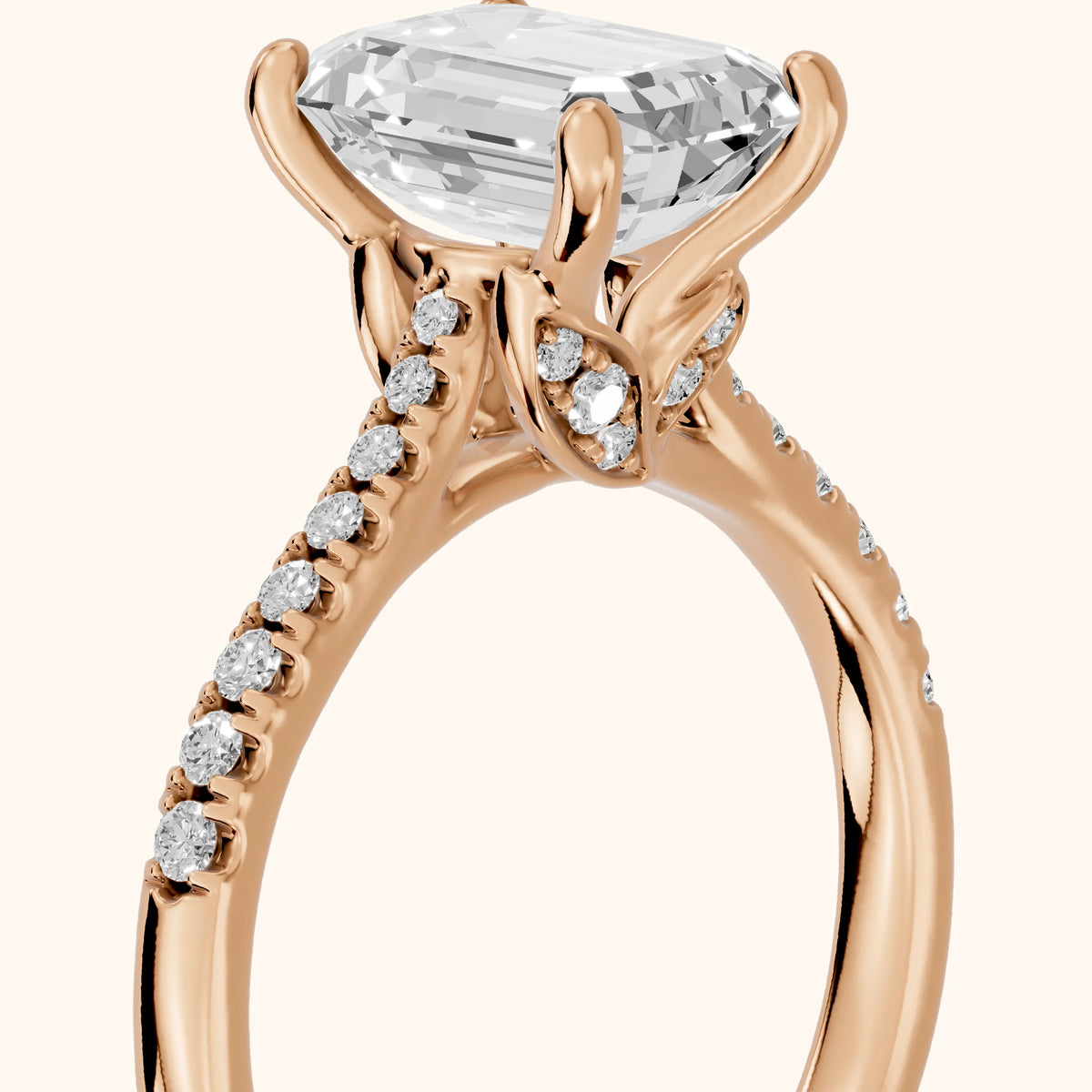 Moab Petal Pavé Emerald Diamond Engagement Ring in Rose Gold - slant-view.webp