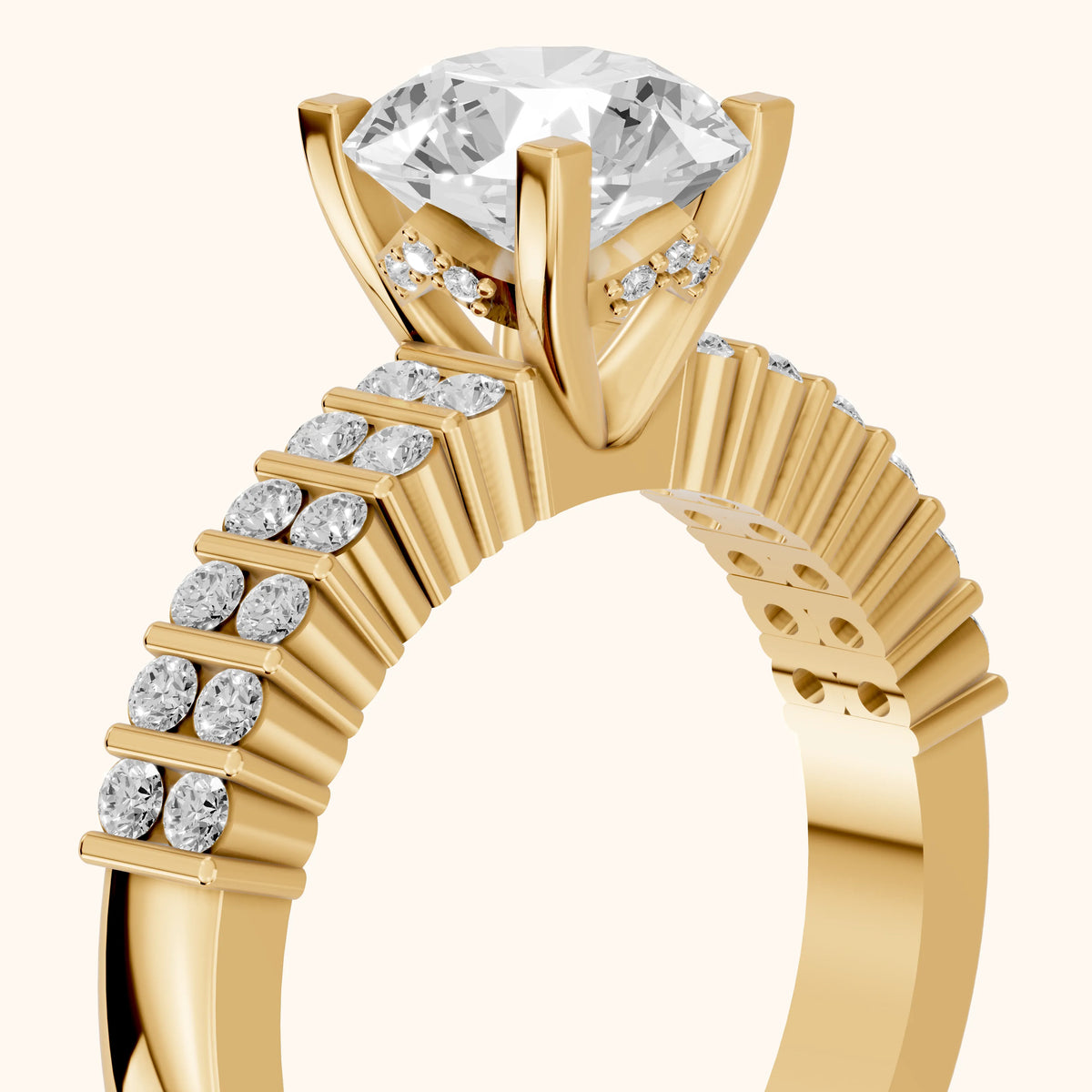 Honor Sidestone Round Diamond Engagement Ring in Yellow Gold - slant-view.webp