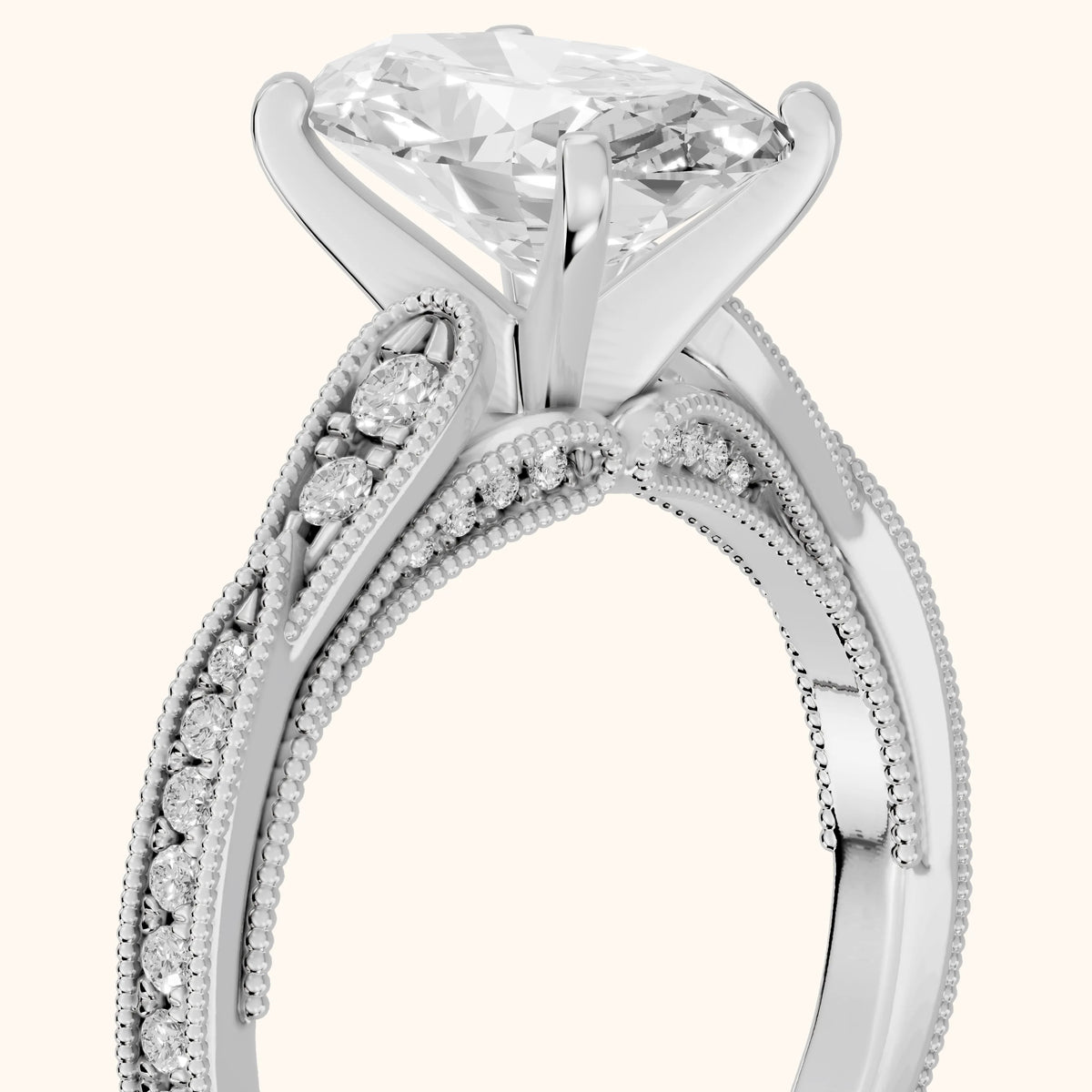 Lucette Scalloped Milgrain Oval Diamond Engagement Ring in White Gold - slant-view.webp