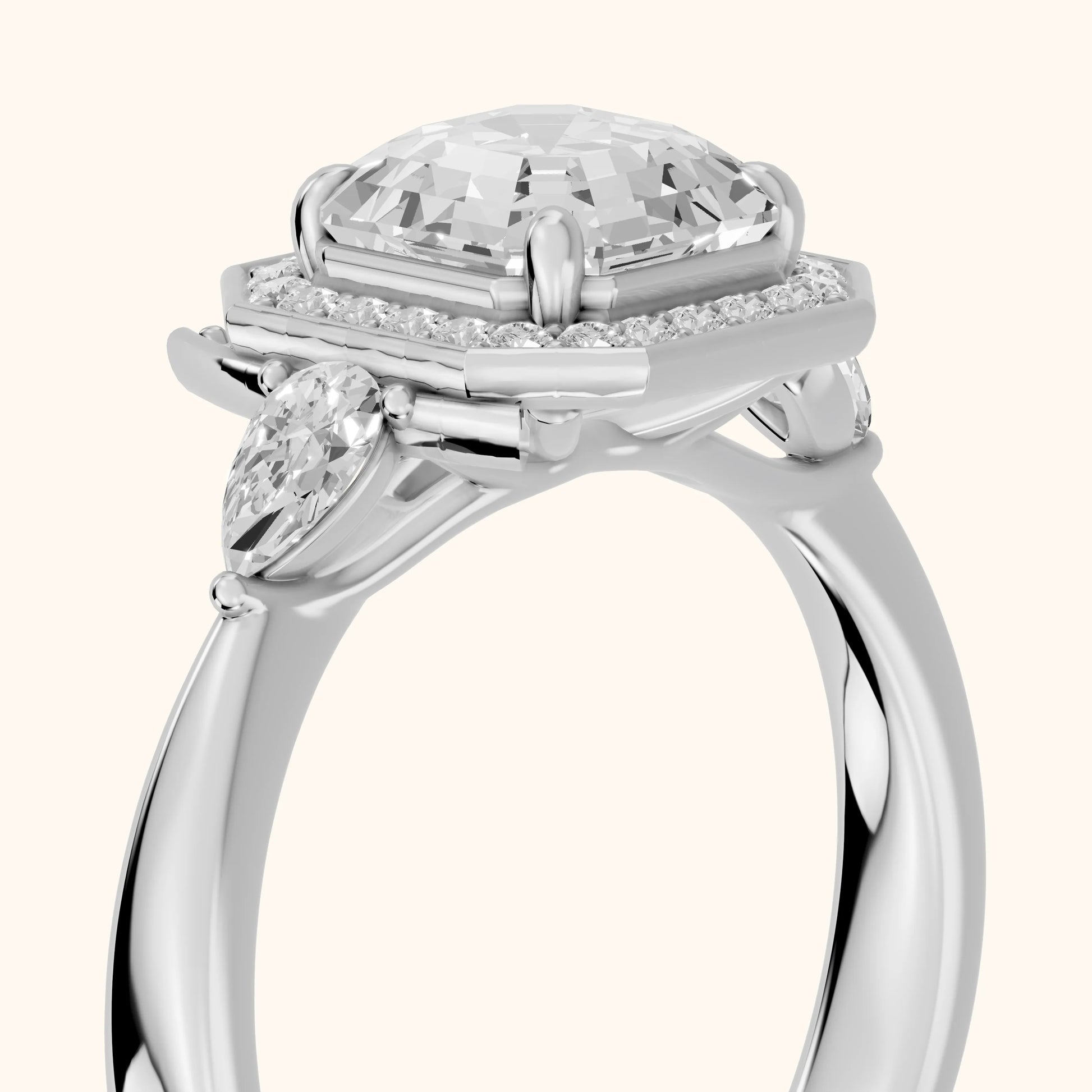 Eliza Halo Sidestone Asscher Diamond Engagement Ring in Platinum - slant-view.webp