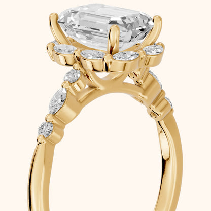 Valentina Petal Halo Emerald Diamond Engagement Ring in Yellow Gold - slant-view.webp