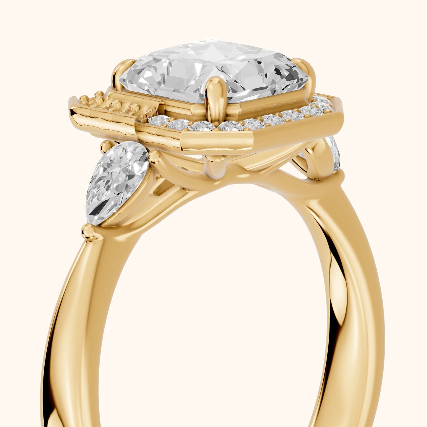 Eliza Halo Sidestone Radiant Diamond Engagement Ring in Yellow Gold - slant-view.webp