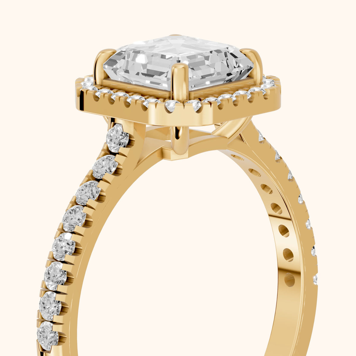 Mabel Halo French Pavé Asscher Diamond Engagement Ring in Yellow Gold - slant-view.webp
