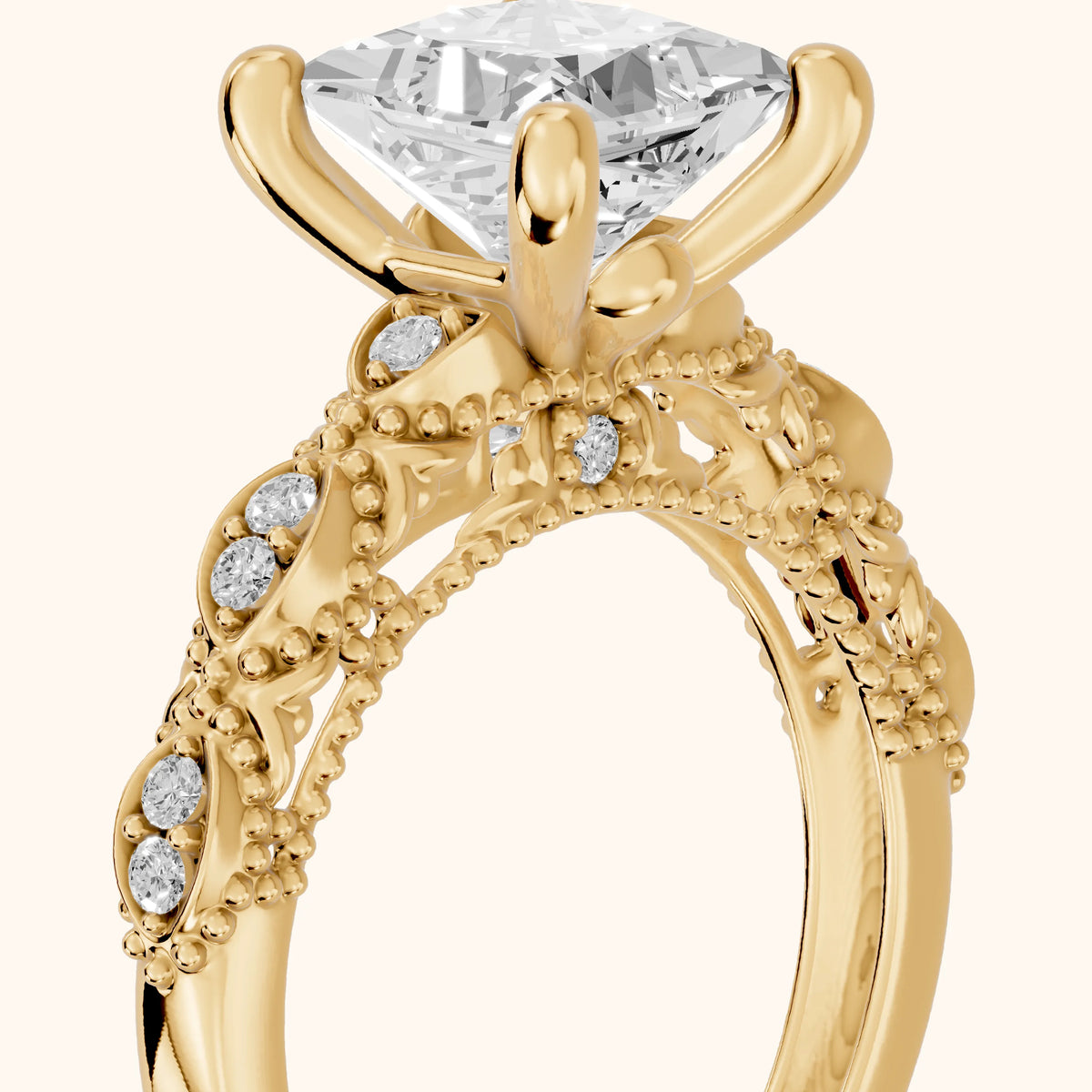 Mae Vintage Filigree Princess Diamond Engagement Ring in Yellow Gold - slant-view.webp