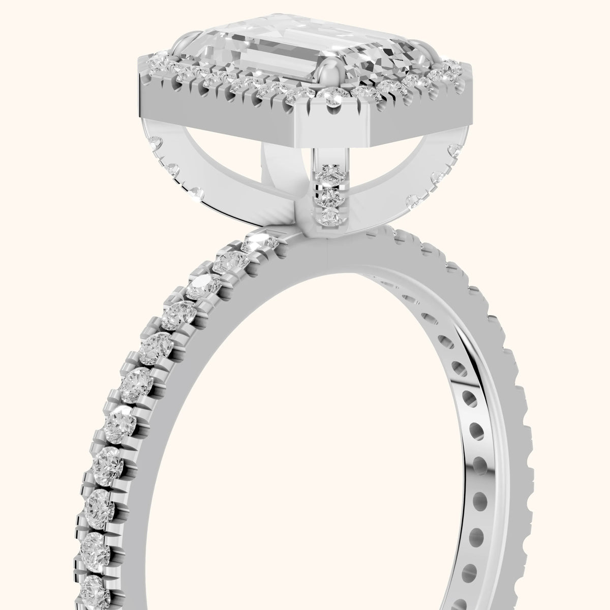 Rosemary Halo Pavé Emerald Diamond Engagement Ring in White Gold - slant-view.webp
