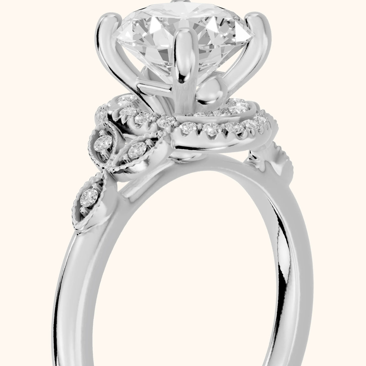 Vicky Leaf Halo Round Diamond Engagement Ring in Platinum - slant-view.webp